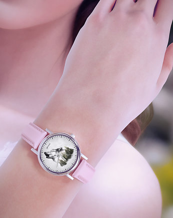 Zegarek mały - Wilk - skórzany, pudrowy róż, yenoo