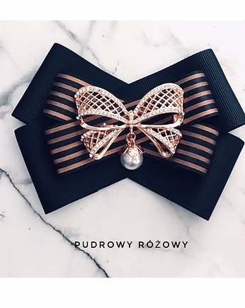 Czarna Brosza z paskami i kokardą  Rose Gold, Pudrowy Różowy