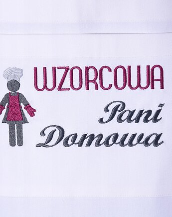 Fartuch Kuchenny bawełniany biały haftowany Wzorcowa Pani Domowa PREZENT, Wyszywane