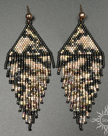 Snake Skin, czarnobeżowe "indiańskie" kolczyki, beading, Sol