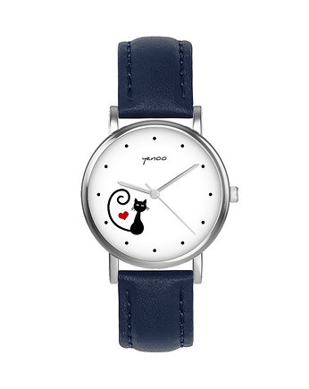 Zegarek  mały - Kotek, serce - skórzany, granatowy, yenoo