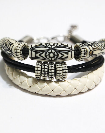 Bransoletka - Ornamenty - rzemienie, kremowa, czarna, yenoo