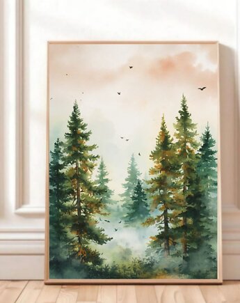 PLAKAT natura mglisty las iglasty dekoracja ścienna akwarela, black dot studio