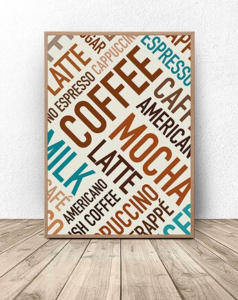 Plakat z kolorowymi napisami "Coffee", scandiposter