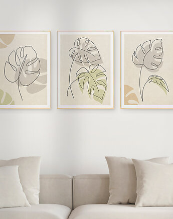 Zestaw 3 stylowych plakatów w stylu Boho, rośliny, monstera, line art., Grawisfera