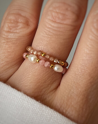 Zestaw dwóch pierścionków elastycznych rodochrozyt perła naturalna cyrkonia, Bring Biżuteria