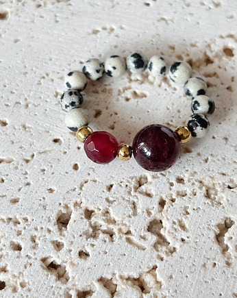 Pierścionek elastyczny Jaspis dalmatyński i Granat, Chmolowska Jewellery