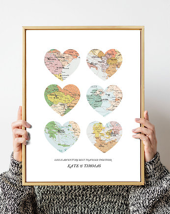 Plakat Personalizowana mapa PODRÓZE serca 6 miejsc, wejustlikeprints