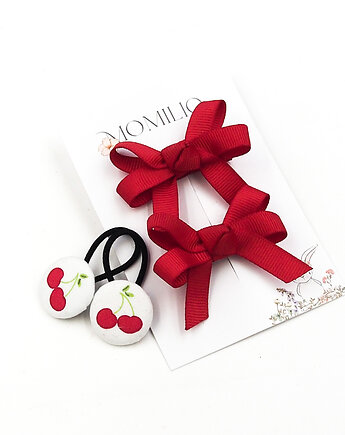 Komplet do włosów spinki kokardki i gumki w wisienki Sweet Cherry, Momilio