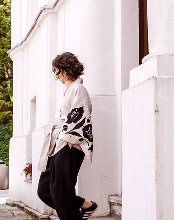 Kimono XXL wydłużone lniane drukowane ciemiernik., TAFTYLI
