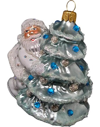 Ręcznie malowana szklana bombka biały Mikołaj na niebieskiej choince, STARGLASS