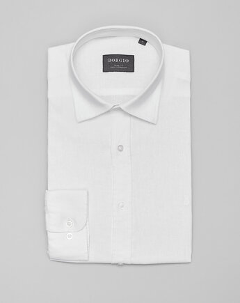 Lniana koszula lentane 00482 długi rękaw biała slim fit, OSOBY - Prezent dla Chłopaka