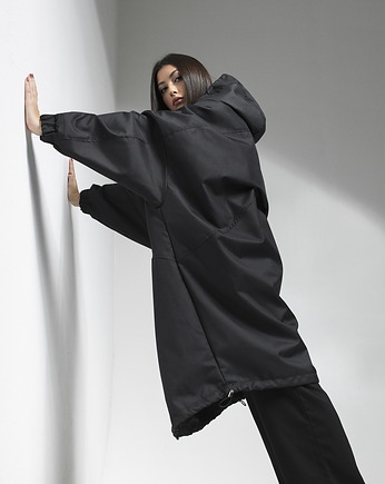 Ocieplany Płaszcz longline hoodie oversize czarny, REST Factory