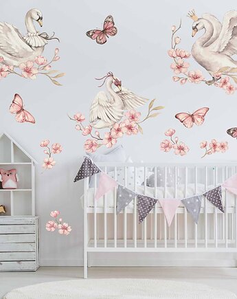 Pastelowe naklejki łabędzie, motyle, kwiaty dla dziewczynki DK150, Mała Pracownia DK