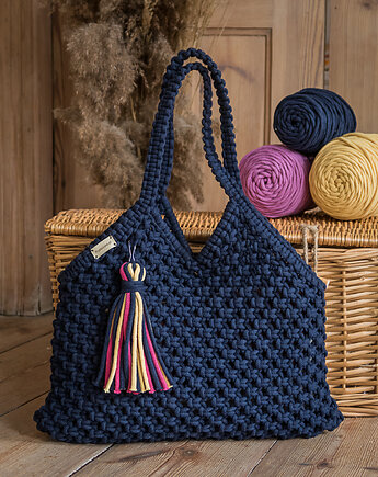 Makramowa torebka Beach Bag M granat, Poplecione Makramy