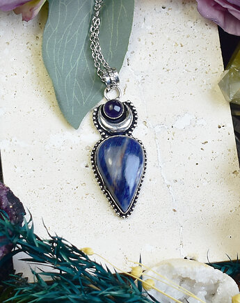 Miedziany posrebrzany wisiorek z sodalitem i ametystem - etniczny, boho, Spirit Of Copper