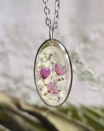 Wieczne kwiaty srebrna zawieszka jajowata suszone różowe, zkwiatem