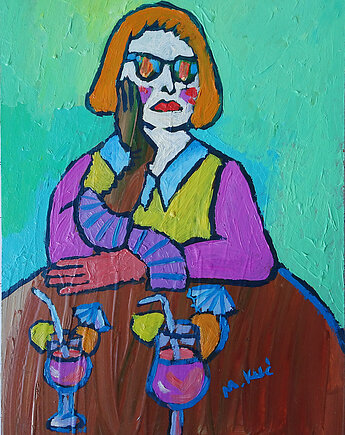 Obraz ręcznie malowany portret babcia z drinkiem, alice oil on canvas