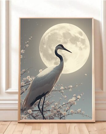 PLAKAT żuraw, japońska sztuka ścienna, księżyc ilustracja, sakura, japandi, black dot studio