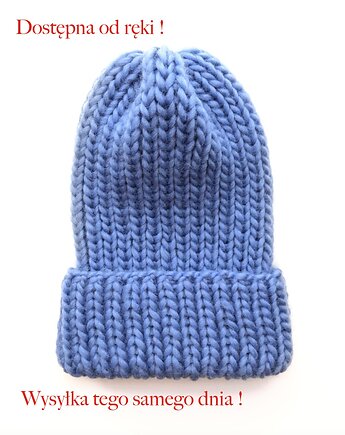 Niebieska czapka Lily 100% wełna handmade dostępna od ręki szybka wysyłka, GANGSTA KNIT