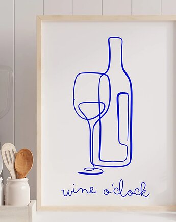 PLAKAT wino, niebieska grafika, wine o clock, ozdoba do kuchni, black dot studio