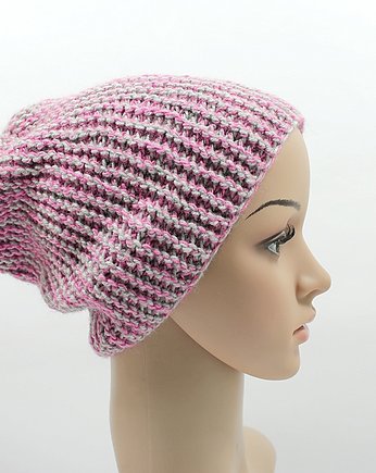Czapka melanżowa unisex  szara z różem, RękaProduction