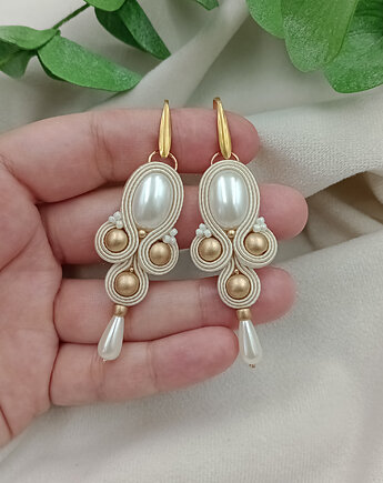 Kolczyki złote perły, kremowe perły, kolczyki soutache, Soutacheria