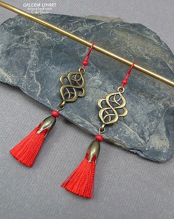 Czerwone frędzle dla fanki długich kolczyków, kolczyki w stylu boho handmade, Galeria Limart