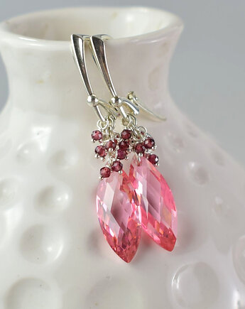 Różowe cyrkonie z granatem - srebrne kolczyki, Sunflower Kornelia Kubinowska