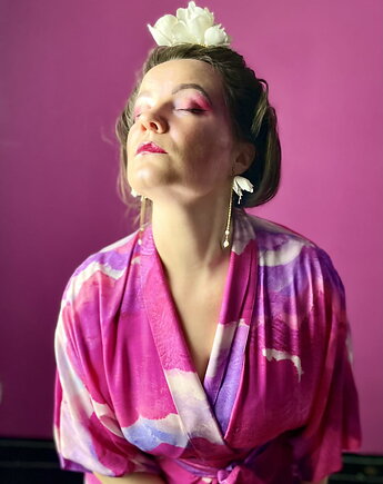 KIMONO/ kopertowa sukienka 100% WISKOZA autorski wzór CHMURY róż niebo, NAWROTANKA