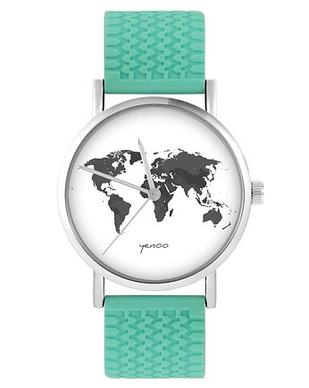 Zegarek - Mapa świata - silikonowy, turkus, OKAZJE - Prezent na Wieczór kawalerski