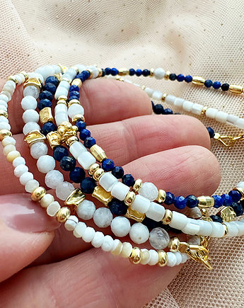 Biało granatowy Komplet Bransoletek z kamieni naturalnych, Anemon Atelier