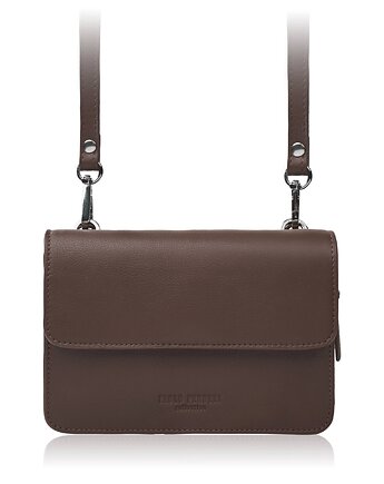 Mała torebka damska skórzana kopertówka 2w1 brązowa AY-21-BR, Paolo Peruzzi