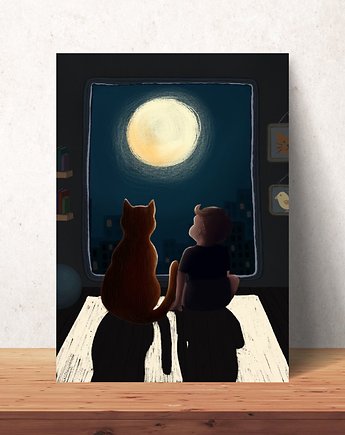 Chłopiec i kot Ilustracja dla dzieci Plakat, ohmagdaart