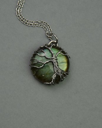Wisiorek zielony labradoryt drzewo życia wire wrapping, Agata Rozanska