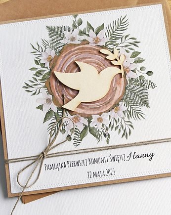 Kartka, PERSONALIZACJA : I Komunia Święta : drewno: gołąb, kaktusia