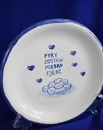 Talerz ceramiczny na ciasto "Pyry zostaw mięso zjedz", Kobaltowa Sroka