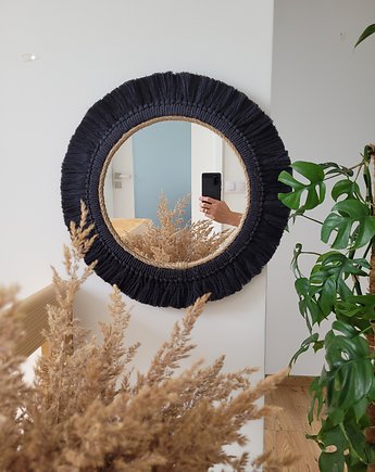 Lustro boho ścienne makrama juta czarne, 45 cm, okrągłe lustro wiszące, MiAdi