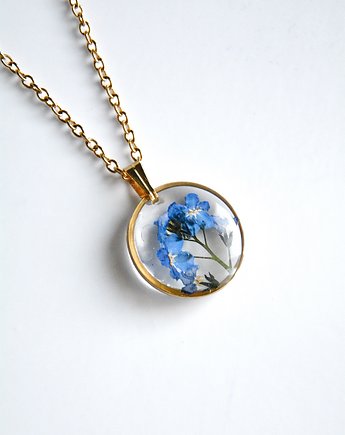 Kwiaty w żywicy biżuteria niezapominajka owal, Jaskółcze ziele handmade 