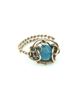Agat trawiony regulowany pierścionek z  miedzi, Blue Pearl Art