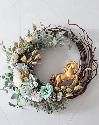 Miętowy wieniec ze złotym koniem (26cm), Lola White