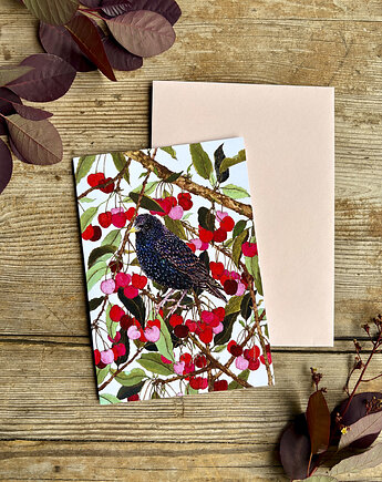 Szpak w czereśniach- Kartka- Grafika- Ilustracja- Ptaki, BOSKE