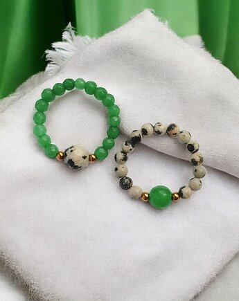 Zestaw pierścionków : jaspis dalmatyński, jadeit zielony, kaktusia