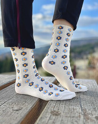 Skarpetki kwiatowe Łąka haft - beżowe, CandySox