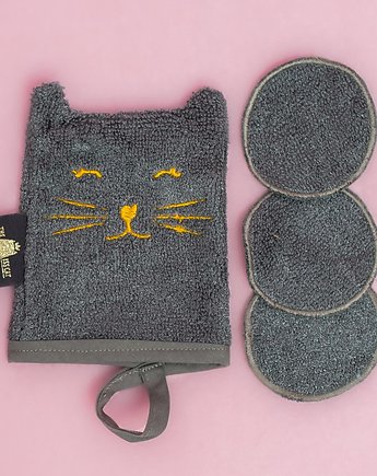 Zestaw myjka do twarzy KOT + 3 waciki 100% bambus szary, pomysł na prezent, THE MISS CAT
