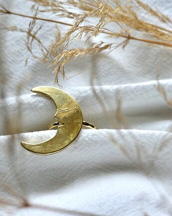 Regulowany pierścionek z mosiądzu z motywem księżyca, Jasminum Jewelry