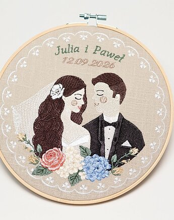 Haft ślubny w tamborku 20 cm, indywidualna pamiątka ślubna, rocznicowa 56, Plasun