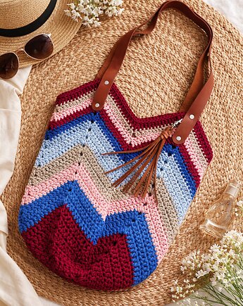 Torba na zakupy szydełkowa w paski shopperka, Pracownia Deco