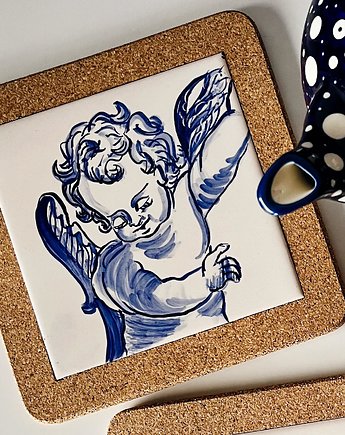 Ruben - Podkładka pod kubek z aniołem na kafelku ręcznie malowanym, azulkafelki
