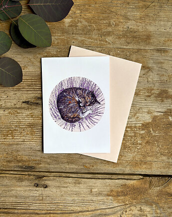 Kot we wrzosie- Kartka- Grafika- Ilustracja- Zwierzaki, BOSKE